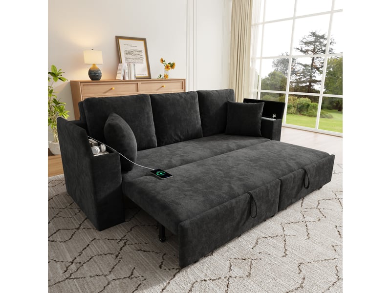 Canapé convertible 3 places avec rangement et ports usb en chenille grise - Conforama B