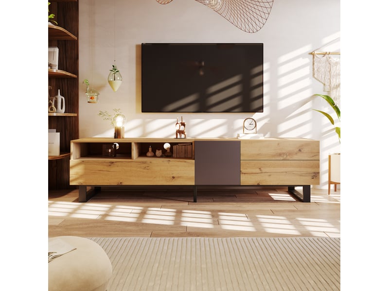  Meuble tv modenvie 180 x 38 x 50 cm avec rangement mdf chêne et anthracite  - Conforama E