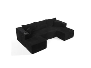 Canapé d'angle modulaire 3 places noir en velours côtelé, 2 ottomanes, porte-gobelets et rangements latéraux