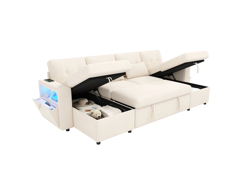  Canapé panoramique en u 4 places convertible avec rangements, usb, type c et led en chenille beige  - Conforama A