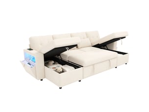 Canapé d'angle panoramique convertible WISHDOR  4 places Polyester beige avec coffre de rangement