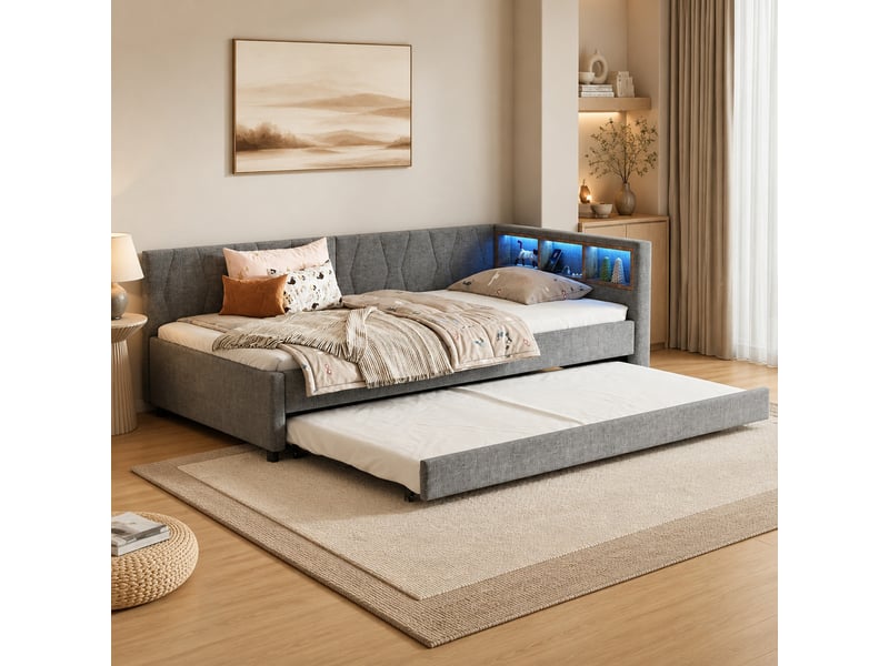  Lit gigogne 90x200 cm avec rangements, led et ports usb en lin  - Conforama B