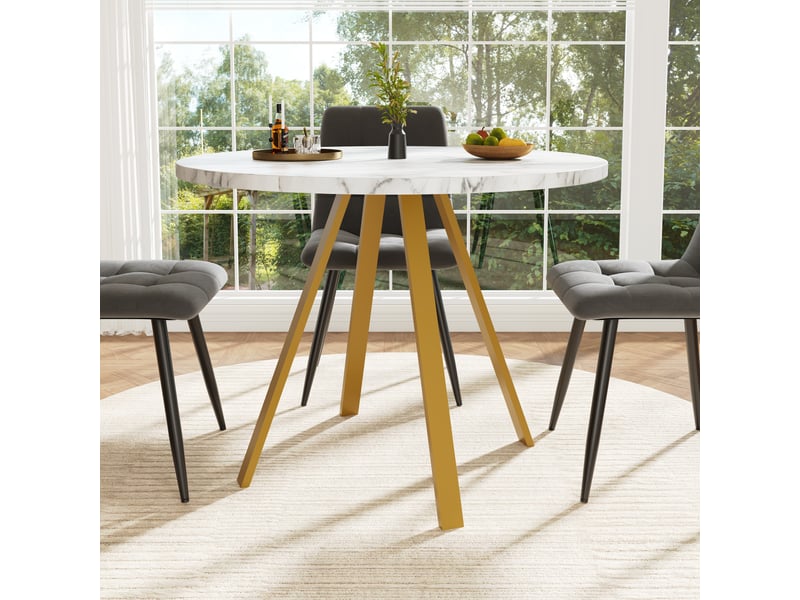  Ensemble table ronde avec 4 chaises, plateau effet marbre blanc 80 × 80 × 75 cm, sièges rembourrés en velours gris  - Conforama E