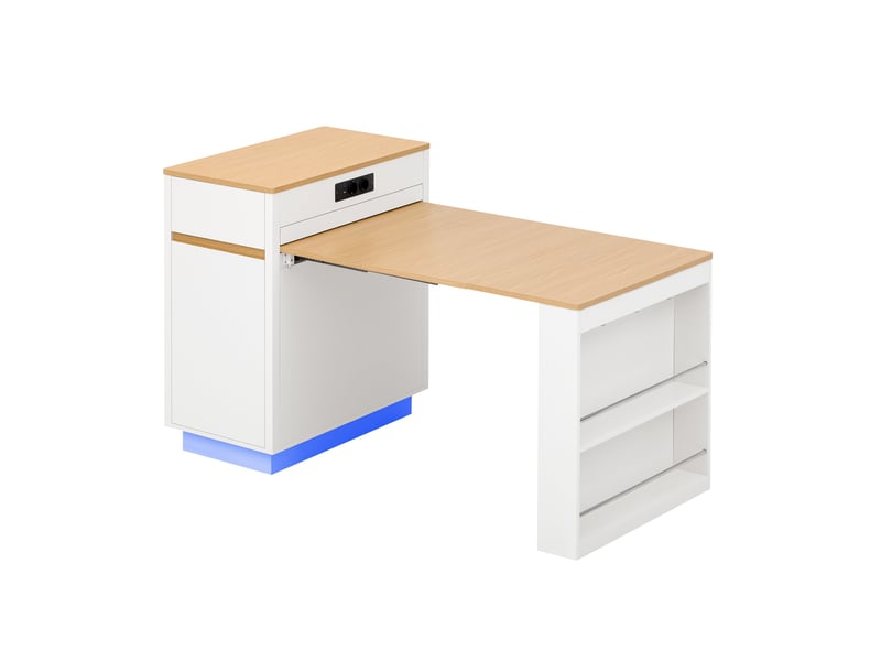  Ilot central de cuisine - 80,5x58x94cm - desserte extensible avec table, prises, led et roulettes - blanc et bois  - Conforama A