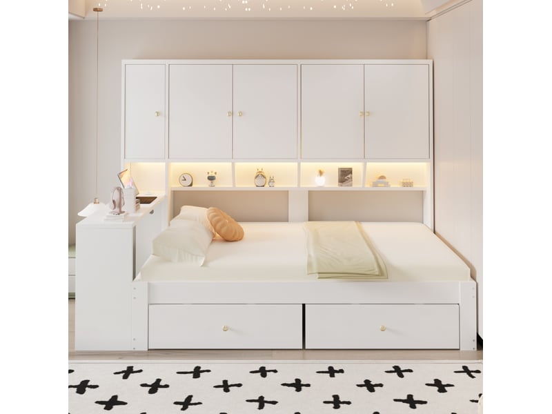  Lit simple 90 × 200 cm avec bureau, rangements, 2 tiroirs, led et prises électriques en mdf pour chambre, blanc  - Conforama D