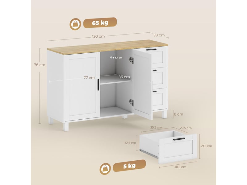  Buffet 2 portes soft-close et 3 tiroirs blanc 120 x 38 x 76 cm  - Conforama C