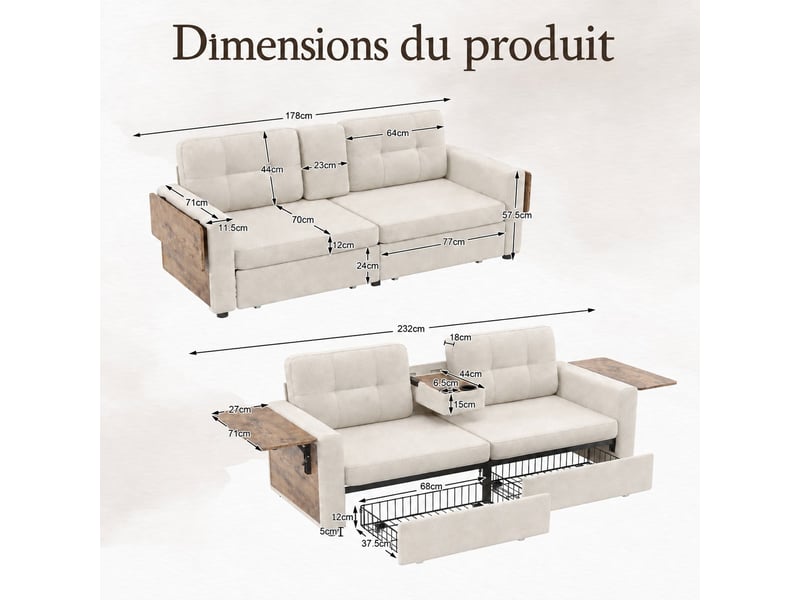  Canapé droit 2 places en chenille avec 2 tiroirs de rangement, tablettes latérales et porte-gobelets, beige, 178 cm Fay Lum - Conforama C