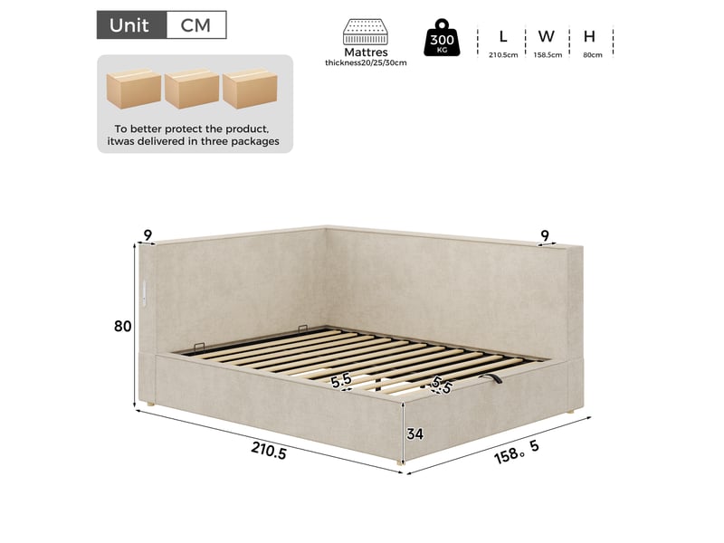  Lit banquette rembourré 140x190 cm en chenille beige avec rangement, led, usb et type-c, sommier à lattes et fonction canapé-lit Morn Vibe - Conforama C