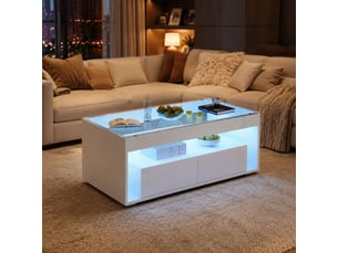 Table basse led 100 x 50 x 40 cm avec 2 tiroirs, verre trempé et usb, blanche