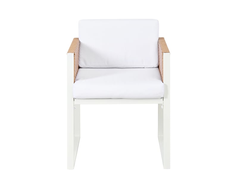  Ensemble table et chaise de jardin avec 1 table et 6 chaises, rotin pe, fer et verre trempé, marron et blanc  - Conforama E