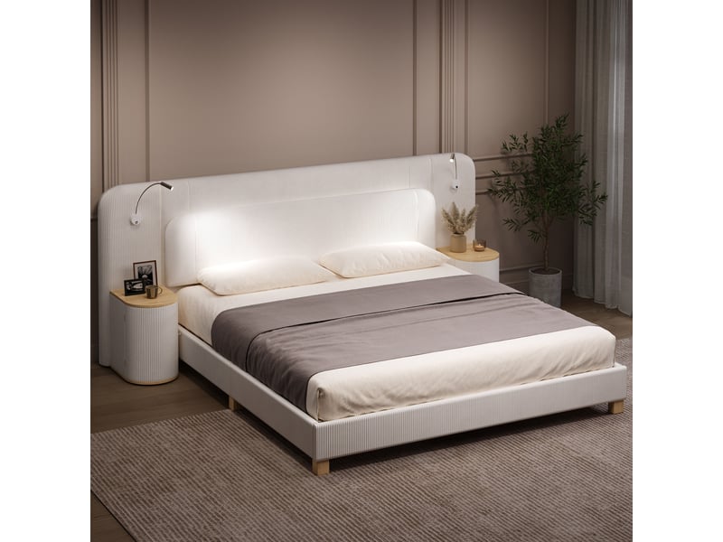  Lit rembourré 180x200 cm éclairage led velours côtelé gain de place pour chambre enfant ou adulte moderne beige OPULERANE TRADING LTD - Conforama B