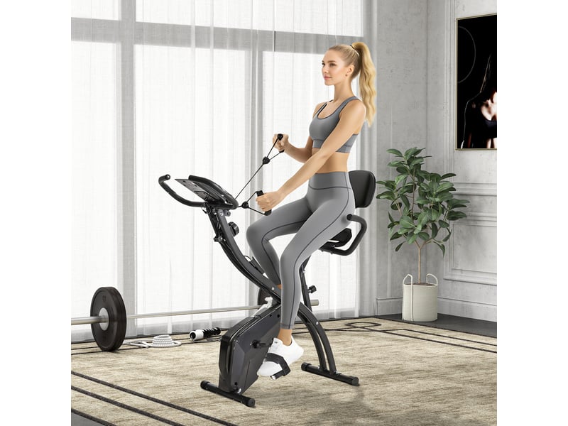 Vélo appartement pliable, hauteur réglable, résistance magnétique, lcd, dossier, cardio, max 120 kg, domicile, 105x48x118 cm, noir. - Conforama C
