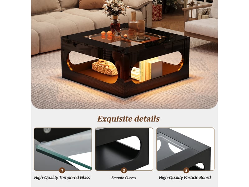  Table basse, avec éclairage led, avec rangement intégré, 70 x 70 x h 35 cm, noir, plateau en verre trempé, structure en mdf, style moderne, pour salon Luxe haut de gamme - Conforama E