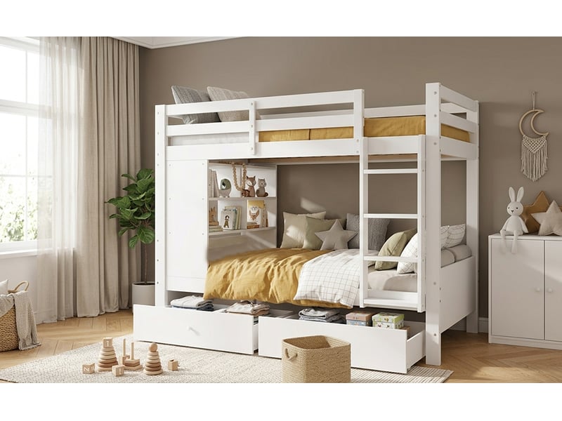 Lit superposé 90x200 cm blanc en bois avec 2 tiroirs étagère ouverte et échelle gain de place pour 2 enfants Sol Morn - Conforama D