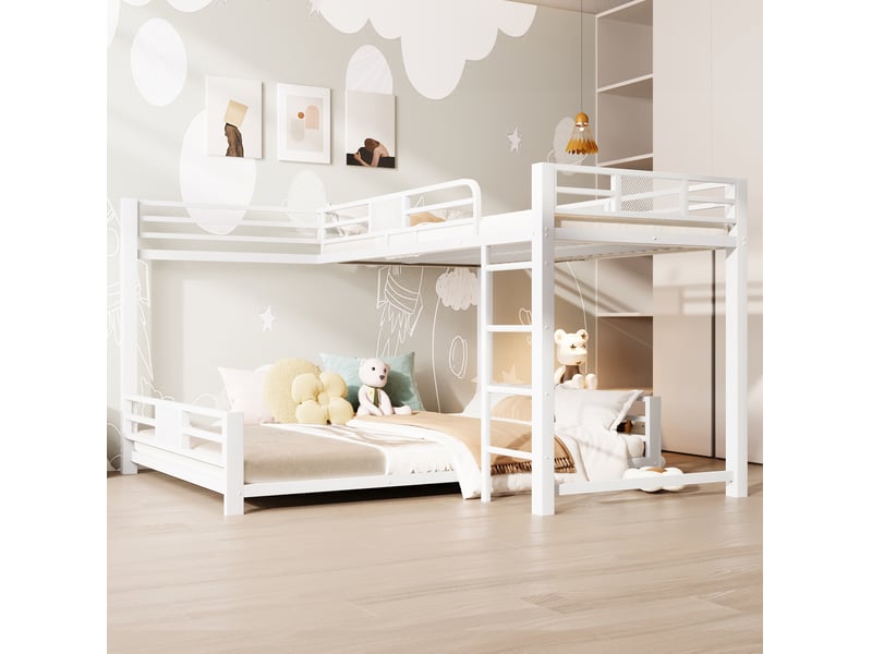  Lit superposé en angle 90x200 sur 140x200 gain de place avec barrières de sécurité en métal blanc  - Conforama E