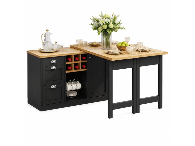  Îlot de cuisine extensible 120x40x74 cm noir, mdf, pivotant à 360°, avec rangement, casier à vin, tiroir et poignées métalliques  - Conforama E