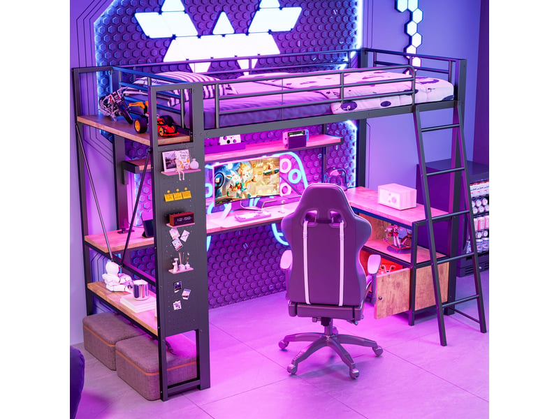  Lit mezzanine 90 x 200 cm, structure métal, led, bureau, étagères, panneau perforé, usb, sans matelas, noir  - Conforama C