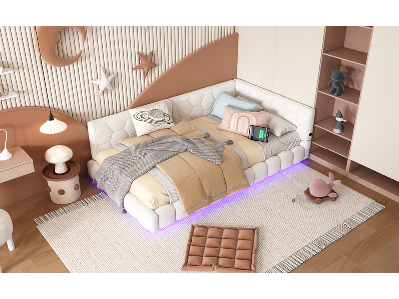  Lit banquette 90 × 200 cm, dossier rembourré hexagonal, led, usb et usb-c, façade festonnée, sommier à lattes, blanc  - Conforama B