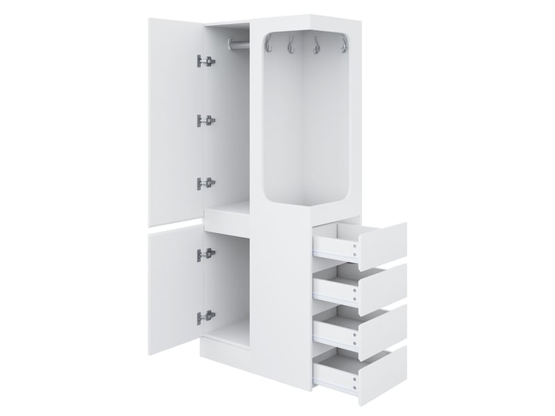  Armoire avec niche penderie ouverte, 2 portes et 4 tiroirs latéraux, 70 × 40 × 170 cm, blanche  - Conforama E