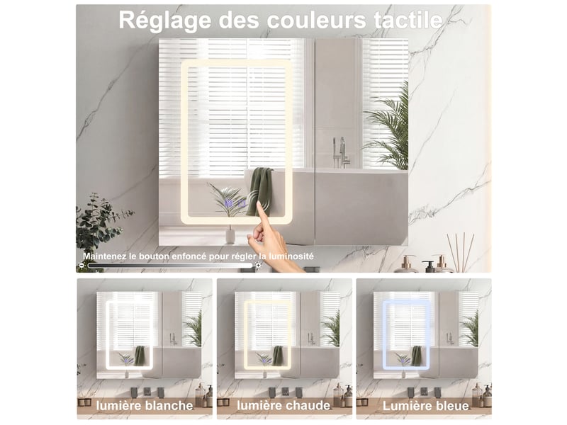 Armoire de toilette led 2 portes - 70 x 13.5 x 60 cm-blanc - meuble de salle de bain avec éclairage 3 couleurs, antibuée et double miroir - Conforama E
