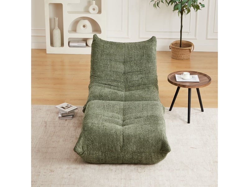  Fauteuil de sol et repose-pieds, chauffeuse ergonomique, mousse haute densité, salon, max 150kg, en chenille vert olive  - Conforama C