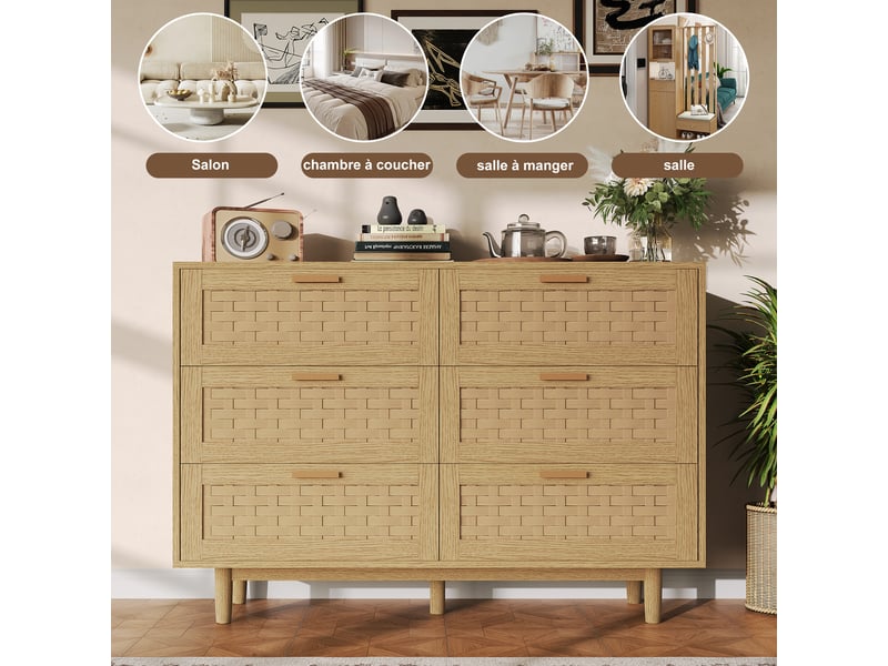  Commode 6 tiroirs bois scandinave - commode chambre rangement moderne - commode salon entrée  - Conforama E
