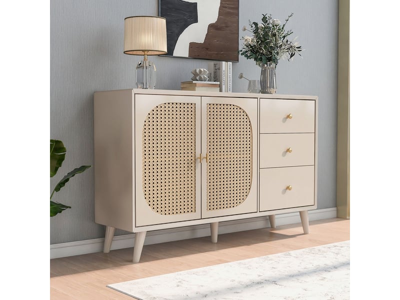  Buffet salle à manger 120 cm, buffet 2 portes 3 tiroirs, rangement généreux, portes cannées rotin, finition crème, pieds bois massif  - Conforama C