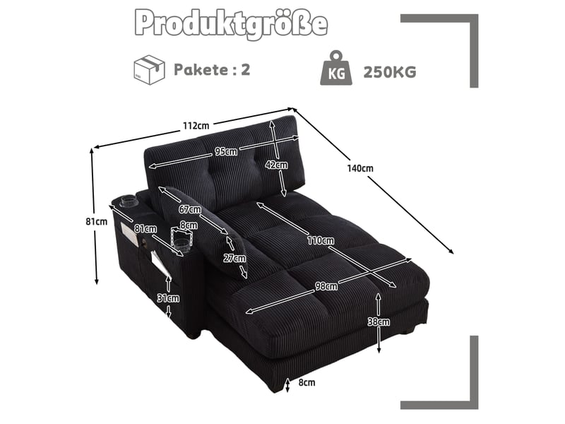  Fauteuil relax fixe en velours côtelé noir avec usb, porte-gobelets et poche latérale, 112 × 140 × 81 cm  - Conforama C