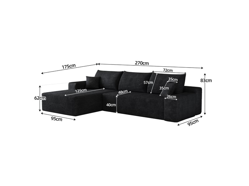  Canapé d'angle gauche 3 places 270 cm en velours côtelé noir, mousse haute élasticité  - Conforama C