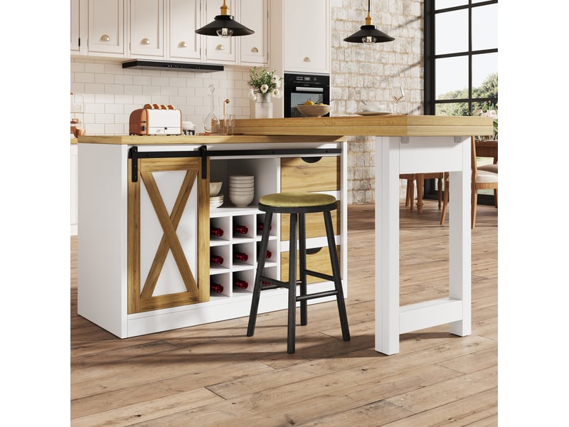  Îlot de cuisine extensible 120-197x40x72 cm blanc décor chêne avec 3 tiroirs  - Conforama D