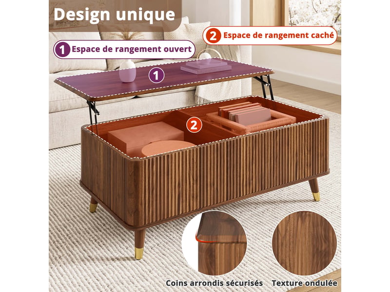 Table basse rétro moderne, plateau réglable en hauteur, structure ondulée, aspect noyer, pieds en bois, grand espace de rangement, table de salon multifonctionnelle - Conforama E