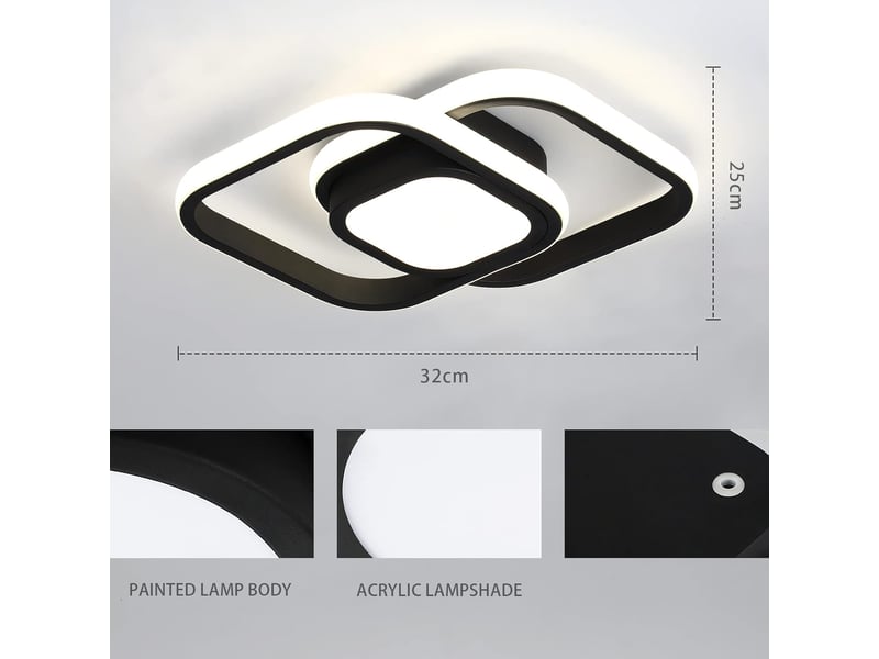  Plafonnier led 24 w, noir, 4000 k, 2000 lm, blanc neutre, carré – convient pour cuisine, balcon, couloir, chambre, sous-sol – ø 30 cm  - Conforama C