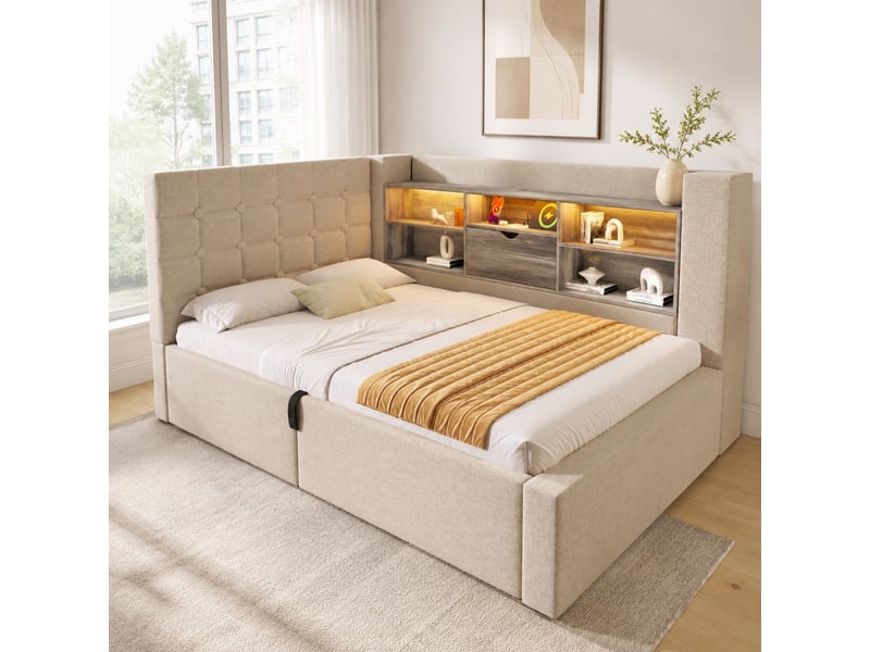  Lit simple 90x190 cm avec rangement hydraulique et led en lin beige  - Conforama B