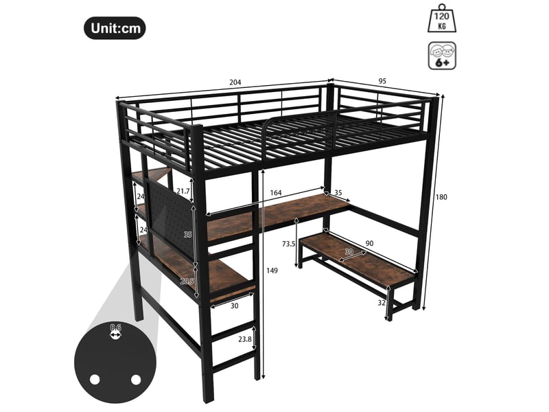  Lit mezzanine simple 90×200 cm bureau, led, usb et type-c  - sans matelas, métal mdf - noir  - Conforama D