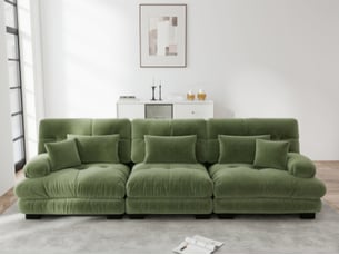 Canapé modulable droit 3 places, chenille vert, assise profonde