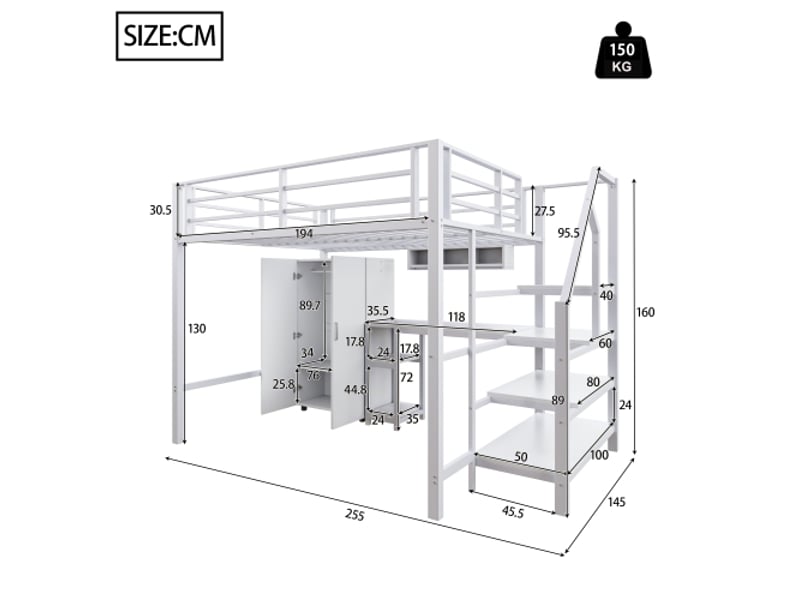  Lit mezzanine 140x200 cm coloris blanc métal lit enfant blanc - Conforama C
