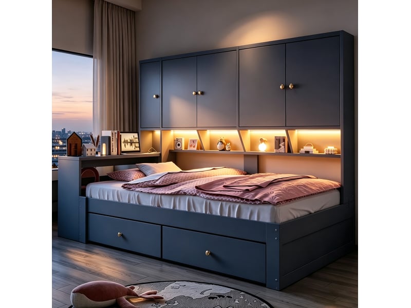 Lit simple 90 × 200 cm avec bureau, rangements, deux tiroirs, led et prises intégrées, structure en mdf grise - Conforama D
