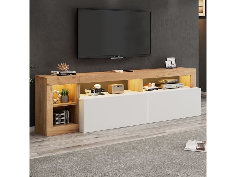  Meuble tv moderne blanc et bois avec éclairage led, meuble tv pour téléviseur jusqu'à 80 pouces, rangements ouverts et fermés  - Conforama E