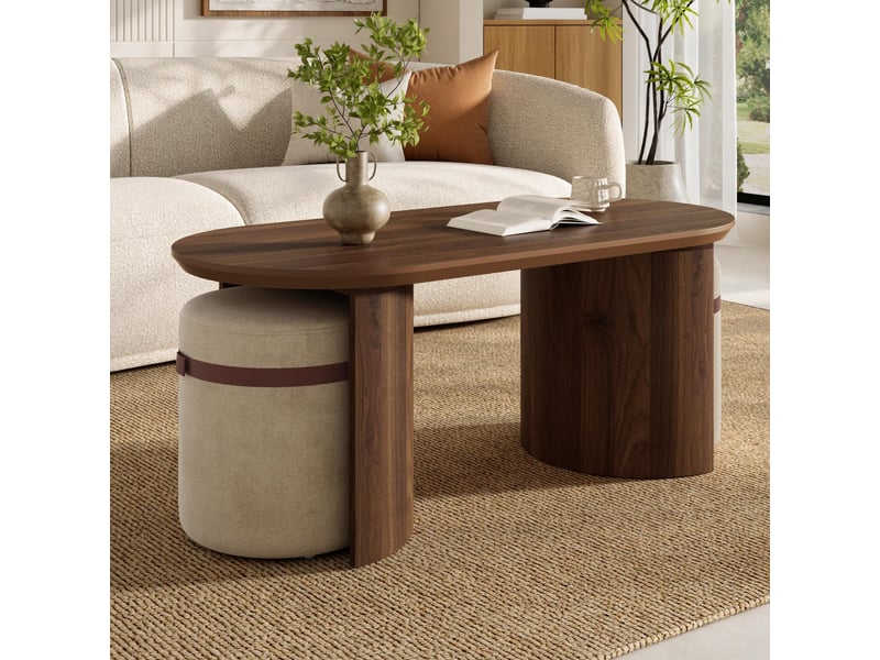  Lot de 3 table basse - 108x50x44cm - table de salon ovale avec 2 poufs, en mdf &amp; tabourets rembourrés - bois foncé &amp; beige  - Conforama C
