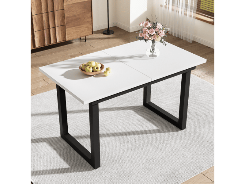  Table à manger rectangulaire extensible industriel avec pieds noirs,structure en métal,140180x75cm,blanc table blanc - Conforama B
