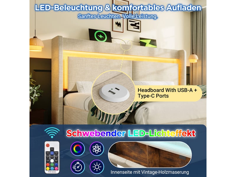  Lit capitonné, lit double 160x200 cm, rangement hydraulique, tête de lit avec rangement, led, usbusb-c, matelas inclus, lin beige  - Conforama E