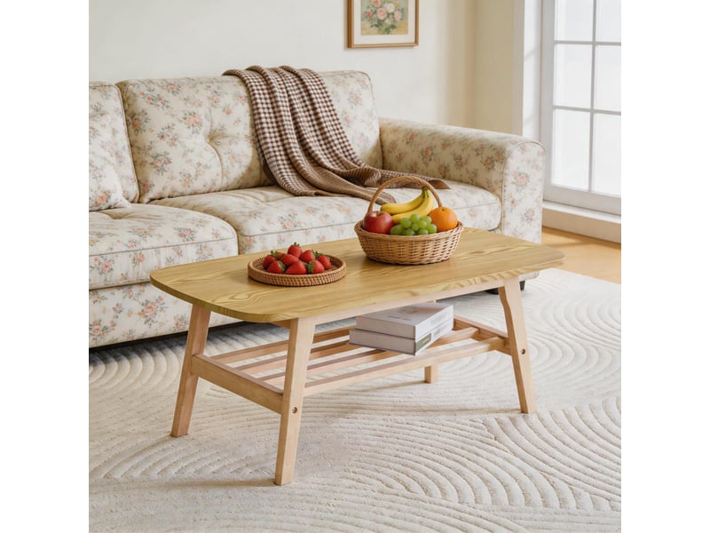  Table basse de salon 100x48x42 cm - table basse en bois massif avec étagère à lattes et double niveau de rangement – naturel  - Conforama B