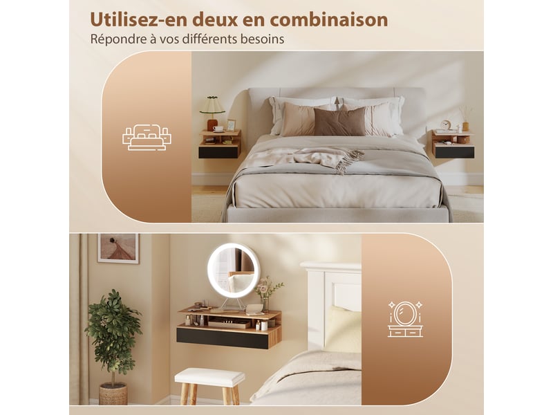  Lot de 2 tables de chevet murales, tables de nuit suspendues avec tiroir, étagère ouverte, 35x32x22,5cm, noir et chêne  - Conforama R