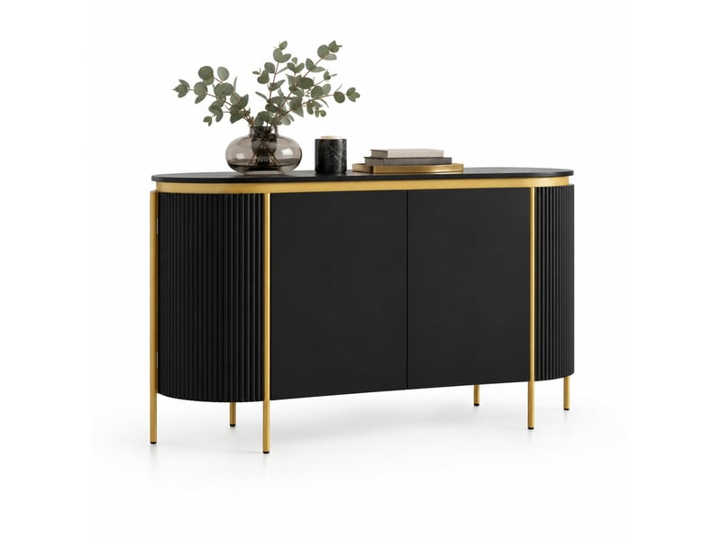 Buffet modenvie ovale 140 x 38 x 80 cm 4 portes mdf noir pieds en fer - Conforama A