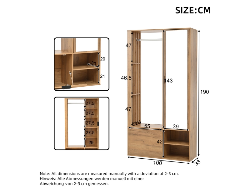  Meuble d'entrée 100x33x190 cm – bois naturel – miroir, penderie et rangement 6-en-1  - Conforama C