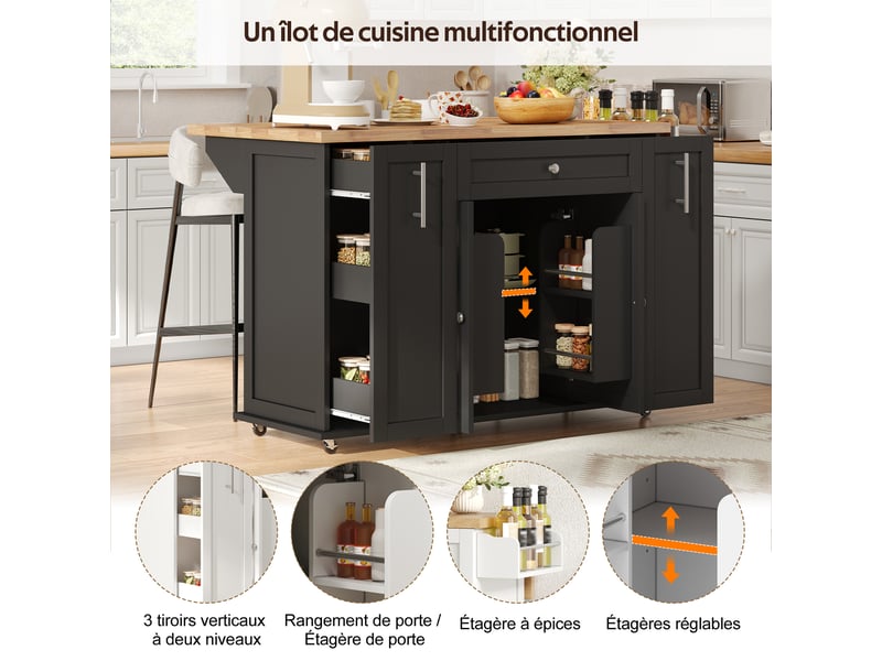  Îlot de cuisine roulant extensible 120 x 4570 x 89 cm avec plateau rabattable, rangement + 3 tiroirs, mdf, noir et bois  - Conforama B