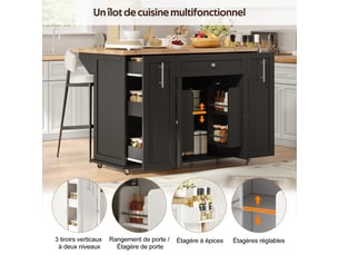 Îlot de cuisine roulant extensible 120 x 4570 x 89 cm avec plateau rabattable, rangement + 3 tiroirs, mdf, noir et bois