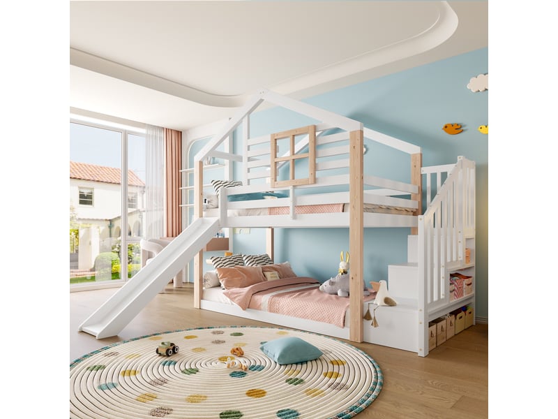  Lit superposé enfant en bois massif, toboggan et escalier-rangement, garde-corps, style scandinave, en 747-1:2024  - Conforama B