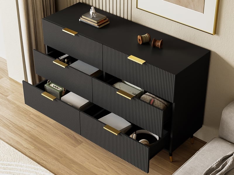  Commode à 6 tiroirs, 120 x 77 x 40 cm, finition texturée ondulée, poignées dorées, style moderne et minimaliste, noir  - Conforama B