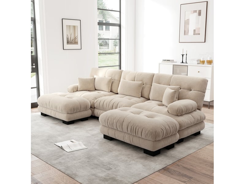 Canapé convertible modulable panoramique 3 places en chenille café clair - 313 x 145 x 81 cm - Conforama C